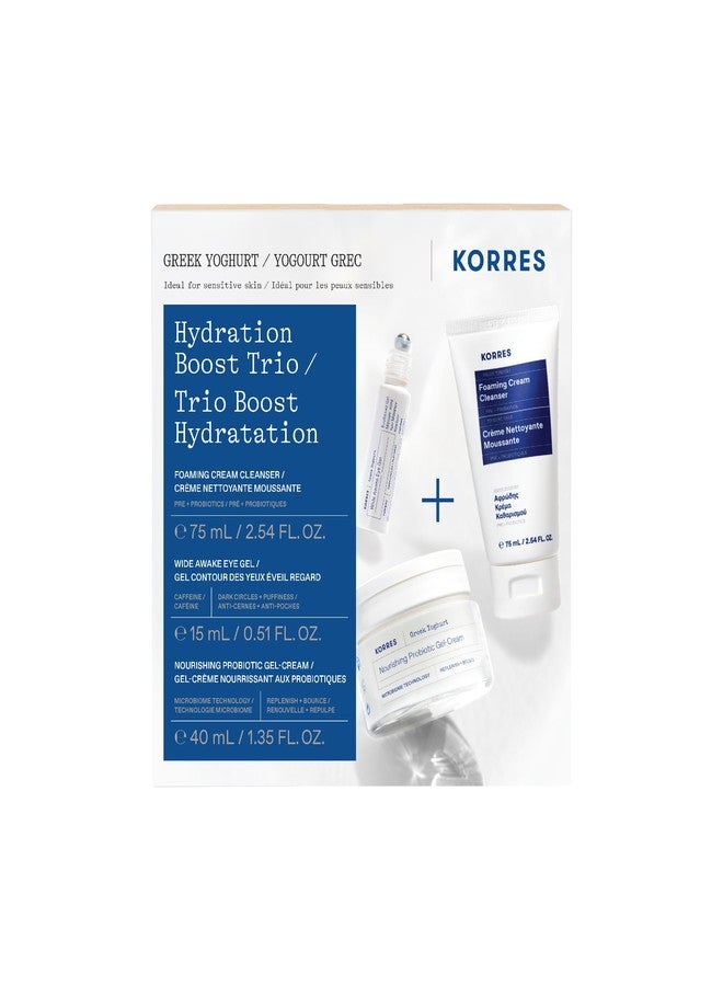 KORRES Greek Yoghurt Hydration Boost Trio Set, 3-Step Skin Care Kit with Foaming Cream Cleanser, Eye Gel & Probiotic Gel Cream, Pre & Probiotics for Balanced Hydration, Clean Beauty, 3 Piece Set - Image 1